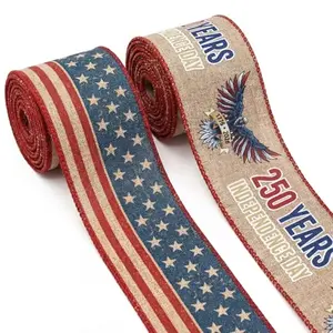 Two rolls of wide wired burlap ribbon with 250 Years of Independence and eagle print