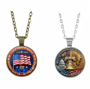 Two patriotic necklaces from Gmbkouo, featuring medallions with American flag and 1776-2026 designs on bronze and silver chains.