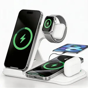 iGaur white foldable wireless charging station with two phones and smartwatch