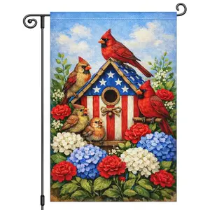 Double-sided patriotic cardinal family garden flag with birdhouse and flowers