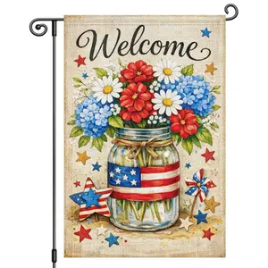 Heyfibro patriotic garden flag with red white blue flowers in mason jar and welcome message