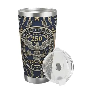 40oz stainless steel travel mug with handle and straw, patriotic design