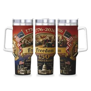 US250th 40oz travel mug with handle, straw, and commemorative design
