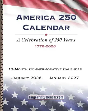 Large print desktop calendar with spiral binding and patriotic design showing monthly spread