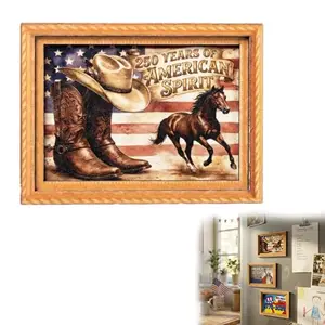 Wood frame refrigerator magnet with vintage cowboy boot and horse art, 1776-2026