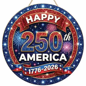 Tintinwiwigo 250th anniversary circular wooden door sign with starry sky, fireworks, and Happy 250th America text