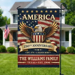 Commemorative America's 250th anniversary garden flag featuring a bald eagle, stars, and a customizable family name on a navy blue background