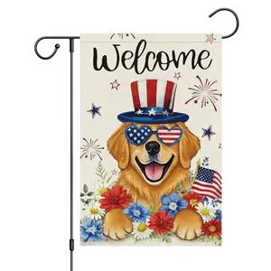 Wodison golden retriever dog holding small flag with fireworks and flowers on 4th of July garden flag