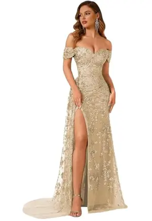 Champagne satin off-shoulder mermaid dress with slit
