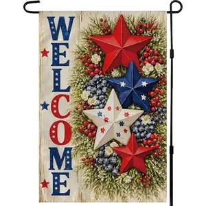 OHOME Patriotic Stars Welcome Garden Flag displayed in a yard