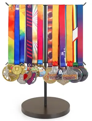 Mkono wooden base freestanding medal hanger with two-tier iron rods