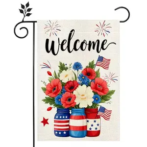 Lyjydnfc burlap 4th of July garden flag with mason jar flowers and welcome text on porch
