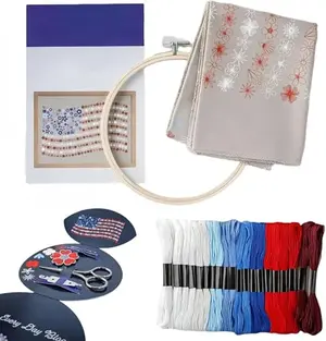 Red White & Bloom Embroidery Kit featuring a floral American flag design with red, white, and blue flowers forming stars and stripes