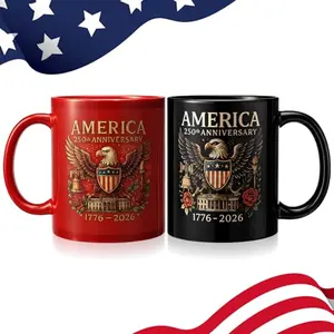 Singhoow set of two 250th anniversary coffee mugs, one red and one black, with guarding eagle and American flag design