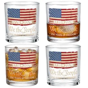 Four-piece Mumufy whiskey glasses with 1776-2026 commemorative flag design and 'We The People' engraving