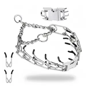 AKDNZ stainless steel prong collar with quick release buckle on a mixed breed dog