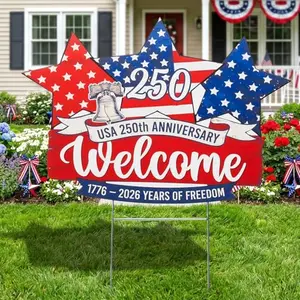 Party Greeting 250th anniversary yard sign with liberty bell and welcome message on a metal stake in a lawn