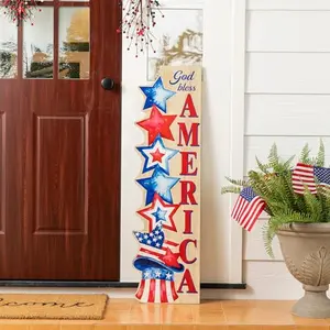 Glitzhome 42-inch lighted wooden porch sign with God Bless America message and timer