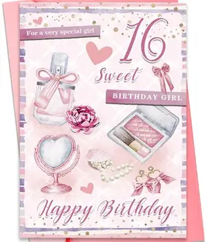 Pink beauty-themed sweet sixteen card with perfume and makeup illustrations