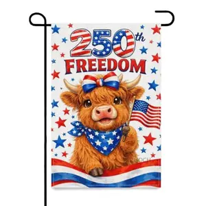 Double-sided REZHOCH highland cow garden flag with 250th anniversary design on linen fabric