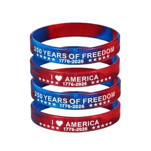 Four red, white and blue silicone bracelets with 250-year anniversary text