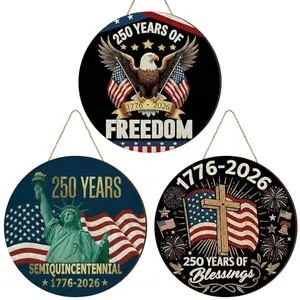 Three Memorywuu 250th anniversary wooden door signs with snow eagle, American flag, and freedom patterns hanging on a front porch