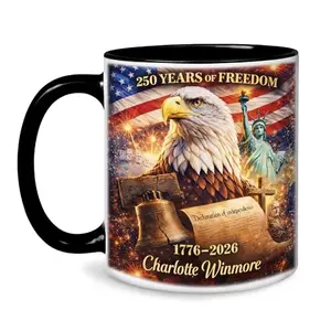 Fastpeace customizable 250th anniversary coffee mug with bald eagle, Statue of Liberty, Liberty Bell, and stars and stripes, with option to add personal name