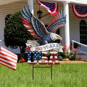 Memorywuu metal 250th anniversary yard sign with eagle and patriotic colors on a stake in a garden
