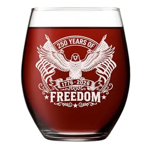 Clear wine glass with laser-engraved eagle and flags emblem for America's 250th anniversary