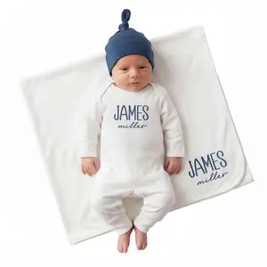 Personalized navy baby romper, hat, and blanket set