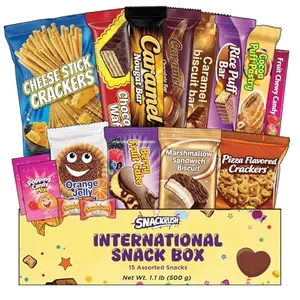 Compact international snack box with 15 unique treats