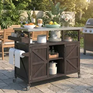 Waully solid wood outdoor kitchen island with stainless steel top and wheels