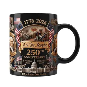 Generic black 250th anniversary coffee mug with American flag and eagle design on both sides