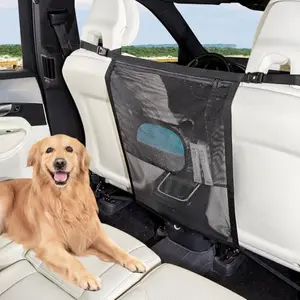 Data Mist dog car barrier netting with large zippered storage pocket, attached to car front seats