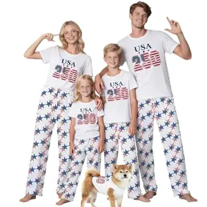 Pet wearing red, white, and blue pajama set with American flag design