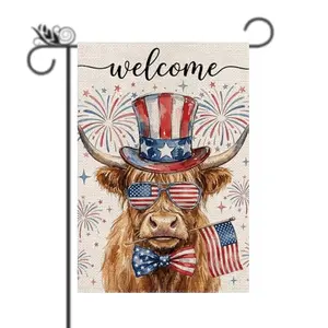 GPGHE highland cow garden flag with vertical stars and stripes and 250th anniversary theme