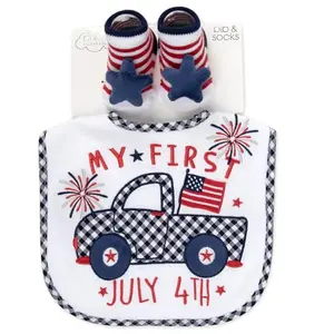 My First 4th of July bib with truck and fireworks and coordinating bootie socks