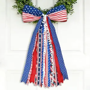 Red white and blue multi-layer ribbon wreath sash bow for 4th of July front door decoration