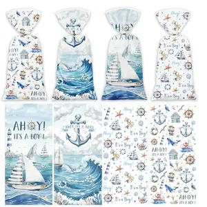 Pack of 100 plastic Ahoy It's a Boy favor bags with anchor and sailboat