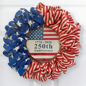 NUTIKAS 20-inch burlap patriotic wreath with 1776-2026 wooden sign on a front door