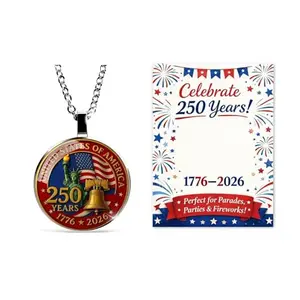 Gold-tone necklace with a round pendant featuring a bald eagle and American flag