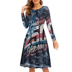 Jndtueit long sleeve American flag dress for patriotic brides, knee length with round neck