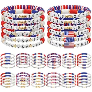 Large collection of assorted red, white, and blue clay beaded bracelets in multiple styles
