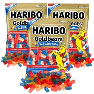 Three share-size bags of Haribo Goldbears in patriotic red, white, and blue colors