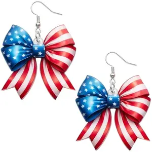 Patriotic bow earrings in red white blue with American flag design, lightweight acrylic