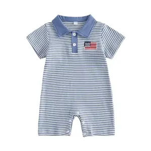 Navy blue baby boy waffle knit romper with American flag embroidery and collar