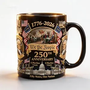 Large 15oz black ceramic coffee mug with 1776-2026 historical scene wrap-around print including flags, portraits, and Capitol building