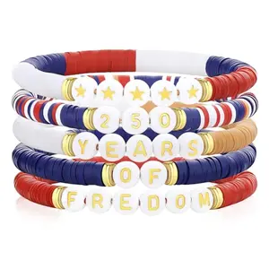 Retro style patriotic bracelet with red, white, blue beads and a gold star charm, celebrating 250 years of freedom