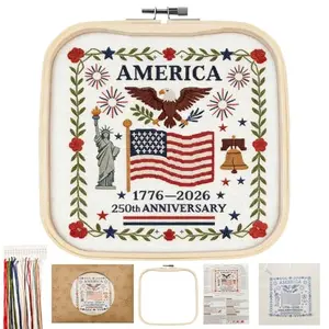 YOUDRN US 250th Anniversary Embroidery Kit featuring American flag, Liberty Bell, Statue of Liberty, and floral border in a 20cm hoop