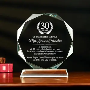 Six-inch clear glass trophy with custom engraving, ideal for retirement or farewell